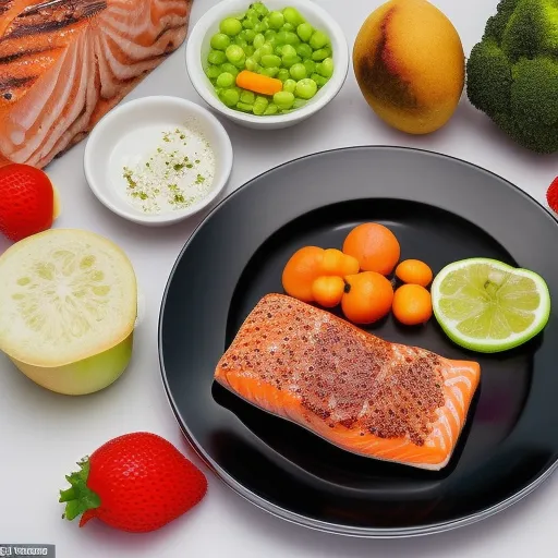 

The image shows a plate of healthy food, including a piece of grilled salmon, a side of steamed vegetables, and a bowl of fresh fruit. The image illustrates how a balanced diet of nutritious foods can help combat insomnia by providing the body